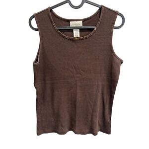 Studio Works Brown Ribbed Tank Top Embellished Neck Sleeveless Womens Size S‎
